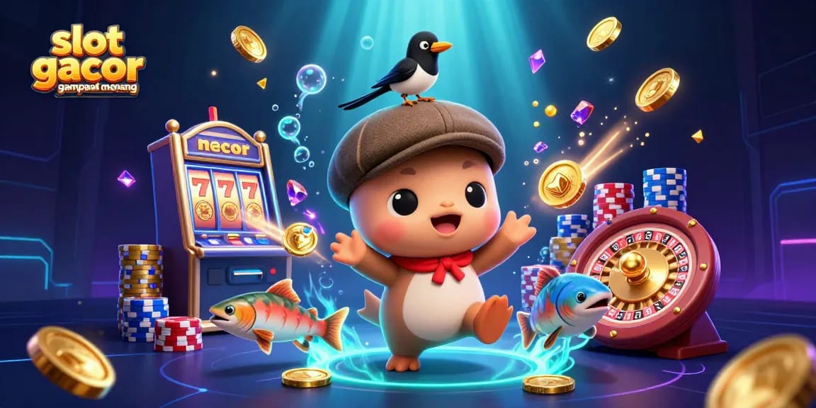 Experience the thrill with slot gacor gampang menang as colorful salmon and baby Nessie join a gold-filled casino atmosphere.