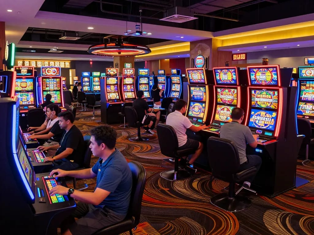 Players enjoying slot gacor machines in a lively casino atmosphere filled with excitement