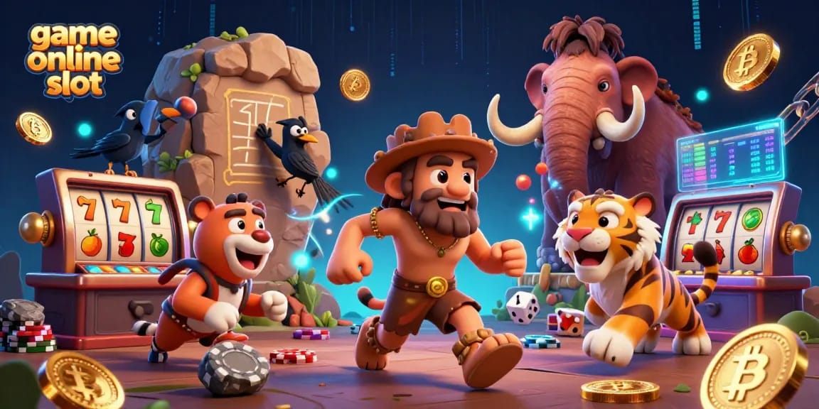 Menghadirkan game online slot dengan koboi prasejarah dan harimau sabertooth dalam kasino kuno yang penuh simbol keberuntungan.