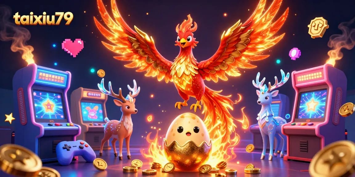 Engage with taixiu79 by exploring a vibrant gambling scene with mystical characters and gaming elements.