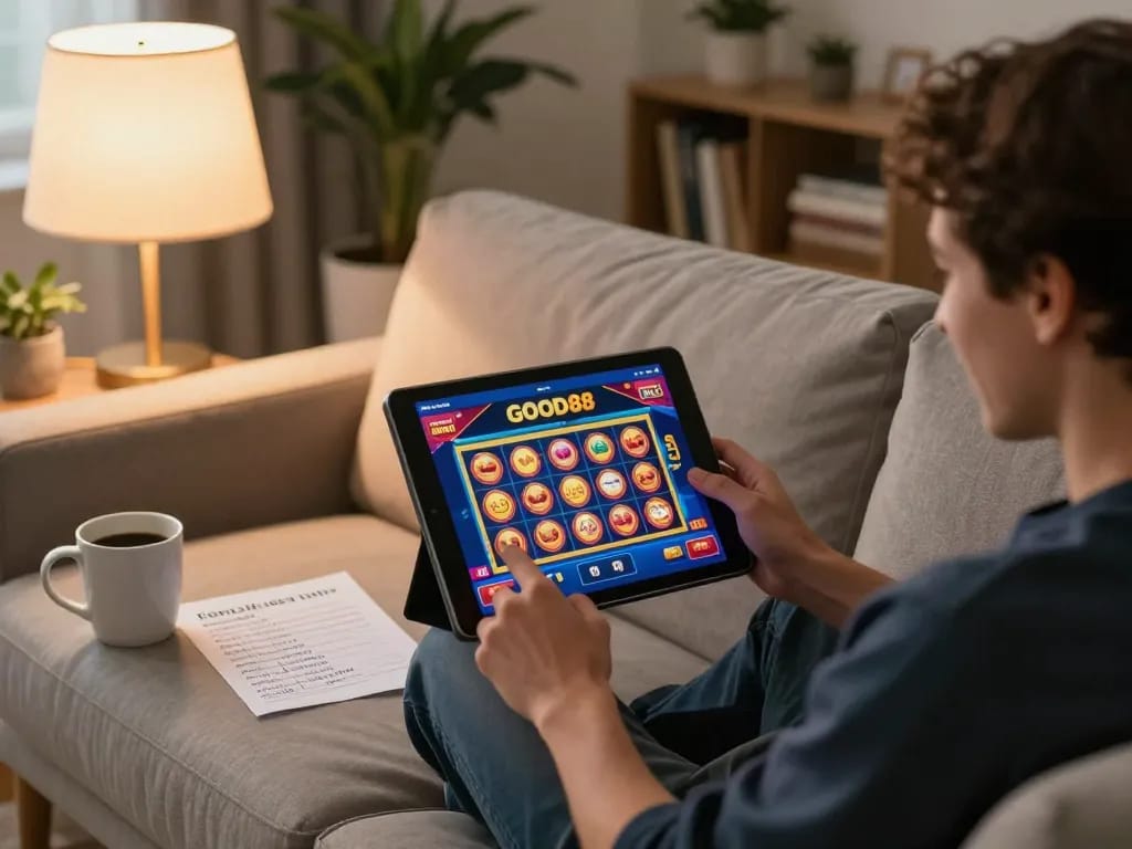 Excited player engaging with GOOD88 online casino tablet in cozy living room.