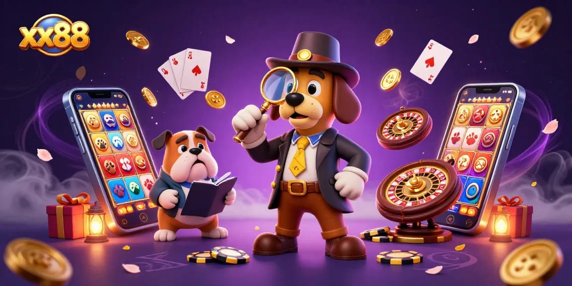 Join the excitement at xx88 with a detective uncovering treasure among vibrant casino elements.