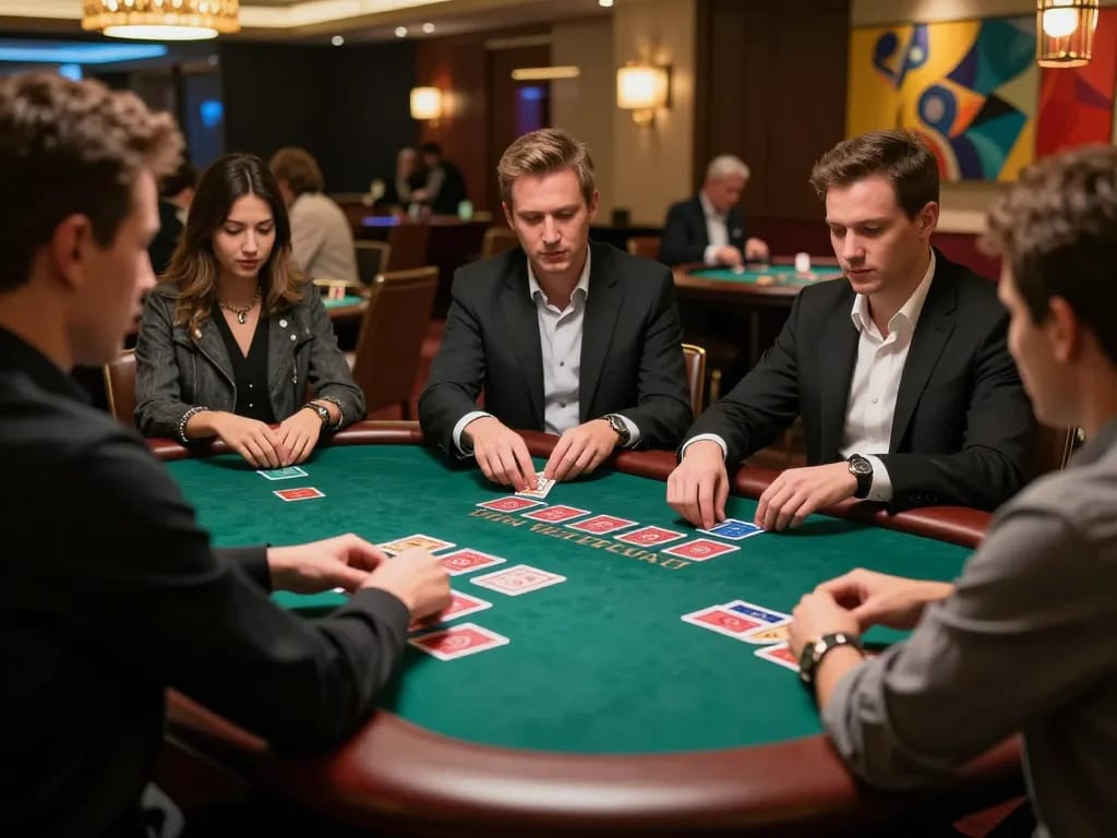 LC99 players strategizing at the blackjack table during an exciting game in a bustling casino.
