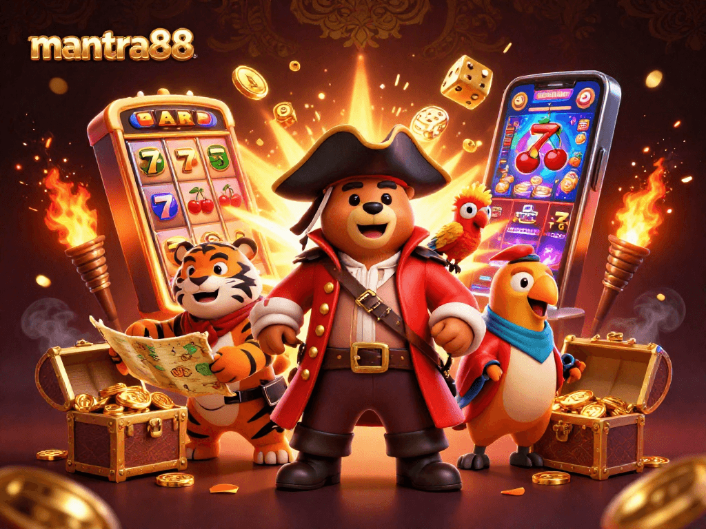 Experience the thrill of mantra88 with a vibrant casino scene featuring colorful slot machines and animated characters.