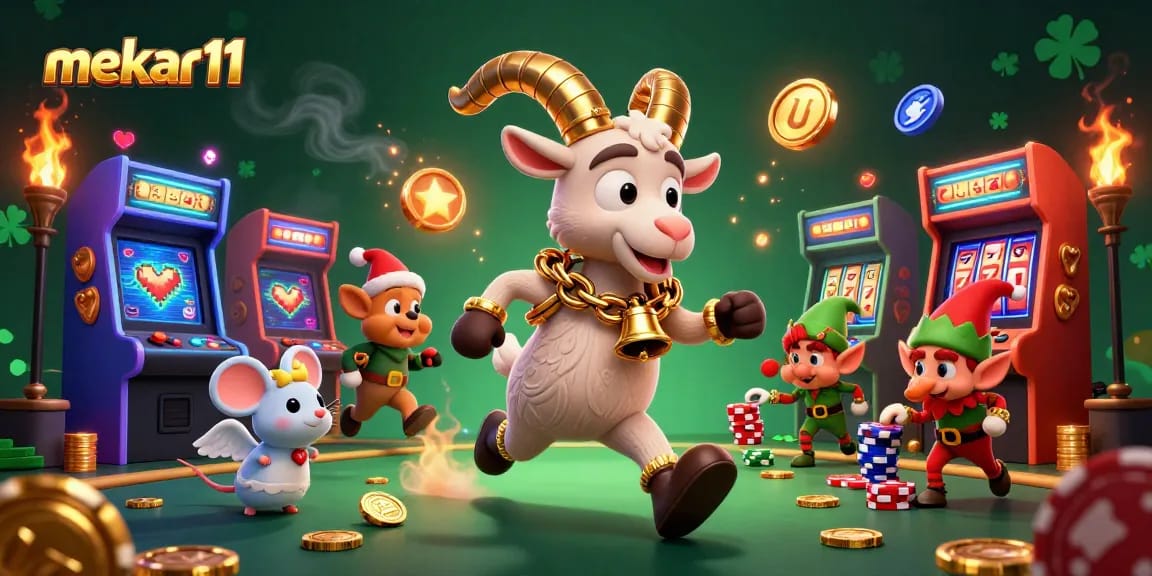 Mekar11 showcases a vivid casino scene featuring a festive Krampus goat and chaotic elf gremlins.