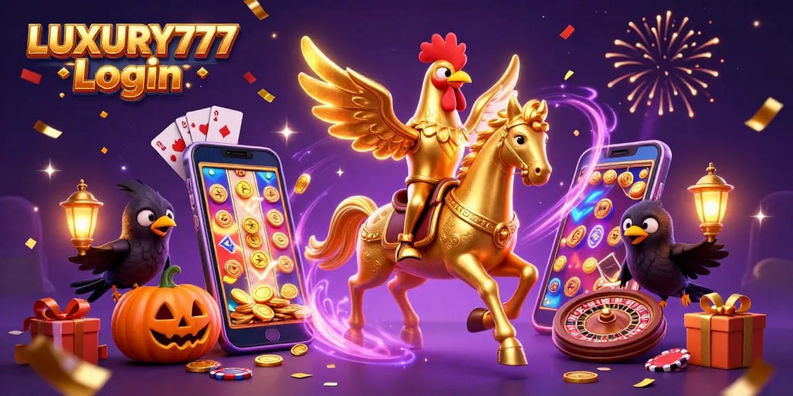 Larangan LUXURY777 Login dengan simbol permainan keberuntungan di kasino malam.