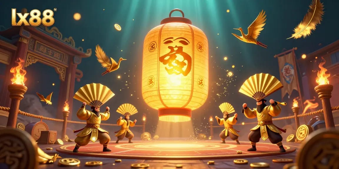 Experience the thrill of lx88 with a vibrant night market casino scene featuring golden lantern spirit and warriors.