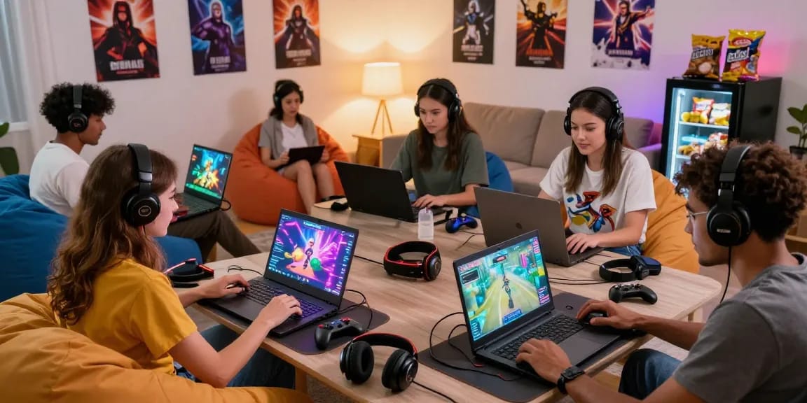 Player enjoying porngame on laptop in cozy gaming room with vibrant graphics.