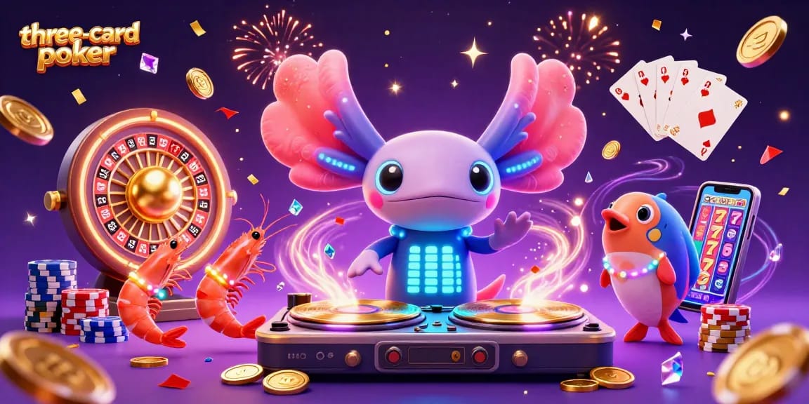Experience thrilling three-card-poker action with neon characters, chips, and flying coins in a vibrant casino scene.