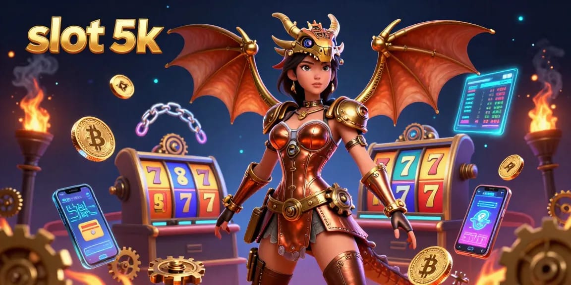 Spin the reels with slot 5k in a vibrant casino setting featuring a steampunk woman and dynamic slot elements.