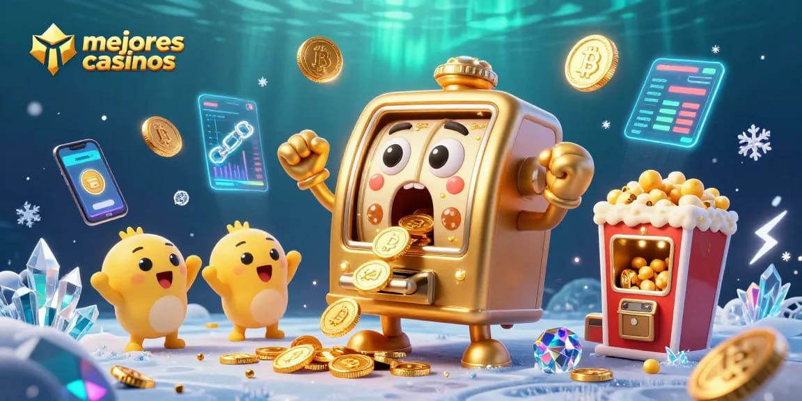 Los mejores casinos muestran una ilustración de tragamonedas ganando jackpots rodeados de monedas brillantes.