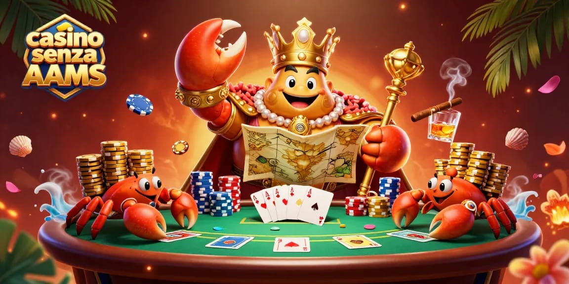 Cattura l'azione nei casino senza AAMS con un granchio imperatore e servitori che offrono fiches dorate.