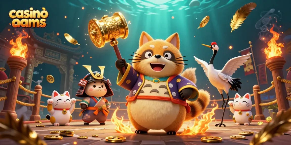 Casinò non AAMS: gioca con fortuna accanto a un tanuki e gatti portafortuna in un'illustrazione ricca e dettagliata.