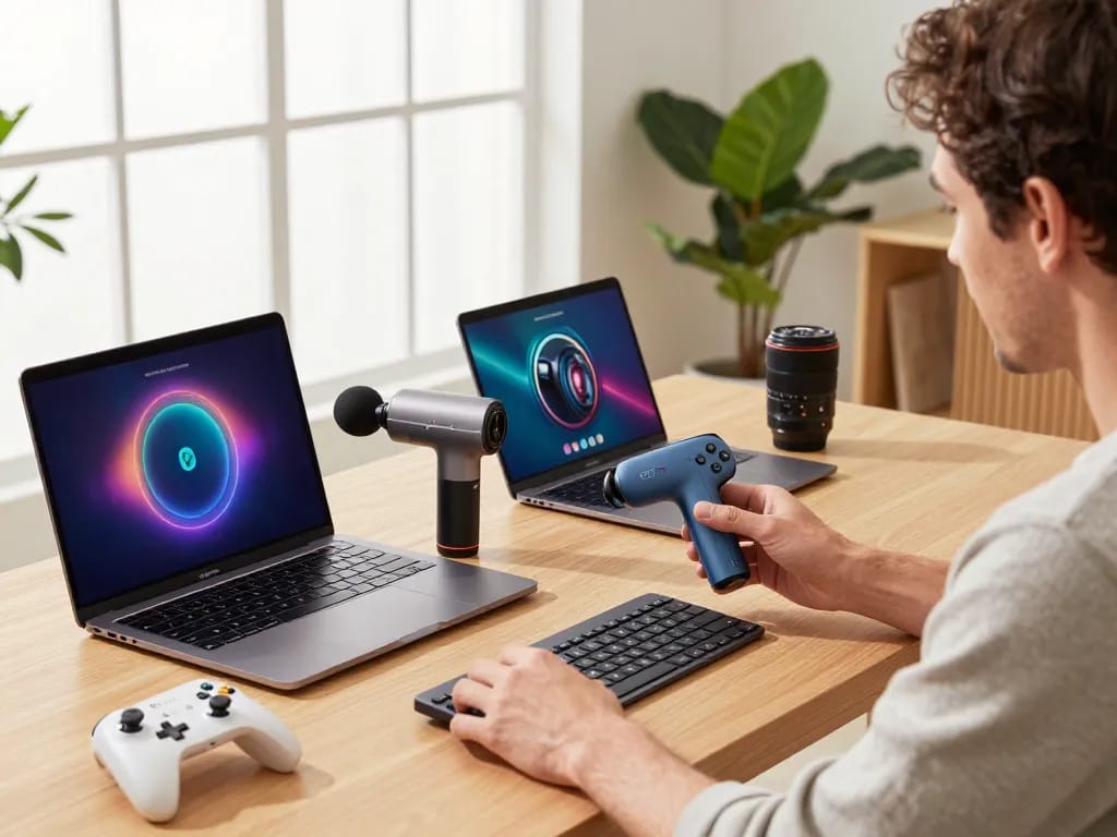 The best tech gadgets for men showcased in a modern home office, featuring innovative Bluetooth devices like Renpho Power Massage Gun and 8BitDo Controllers.