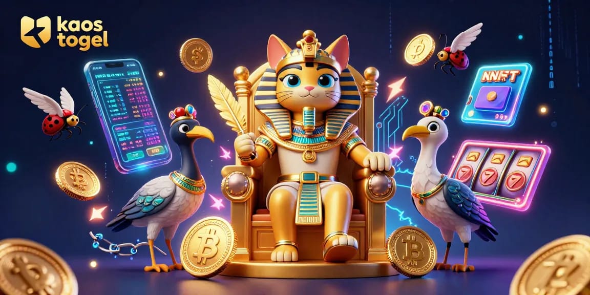 Engage with kaos togel through rich, vibrant gaming illustrations featuring pharaoh cat and crypto elements.