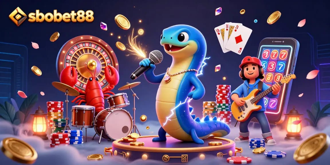 Experience sbobet88's excitement with a vibrant underwater casino scene featuring a DJ eel and a dynamic band.