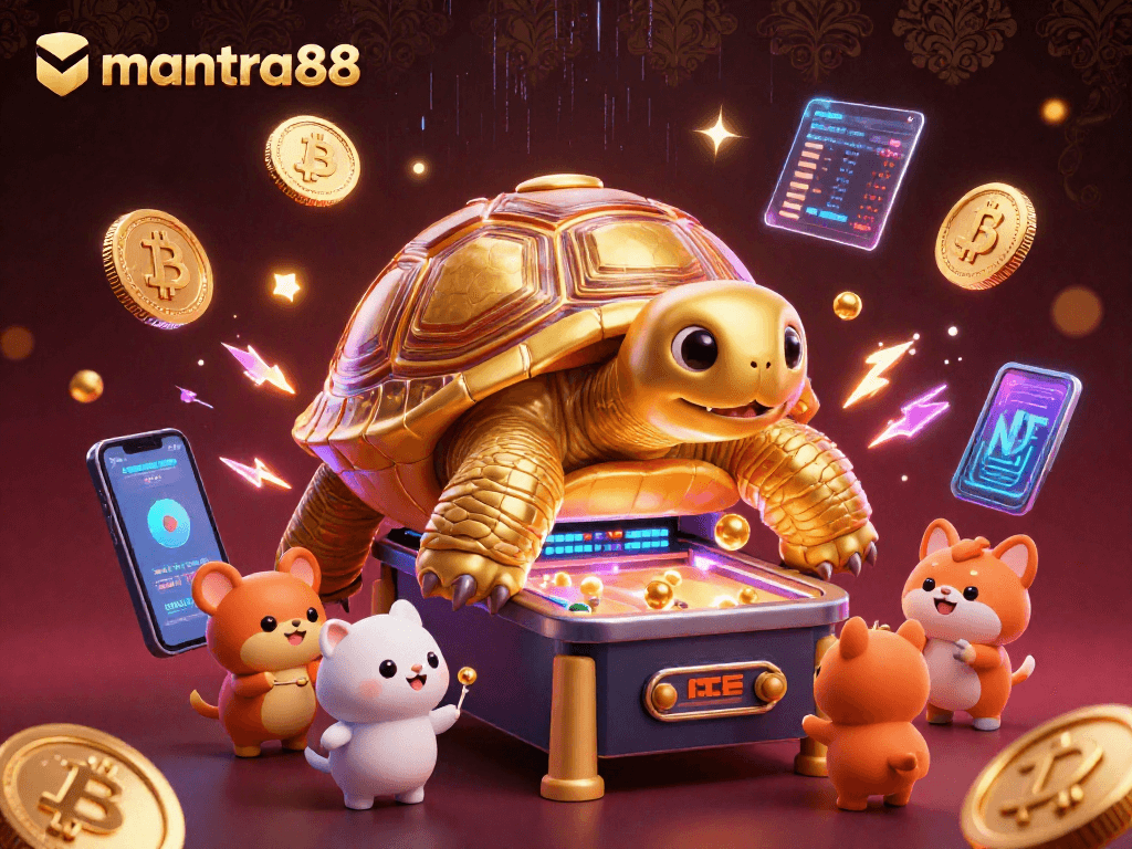 Experience the thrill of mantra88 with a vibrant casino scene featuring a golden tortoise pinball machine.