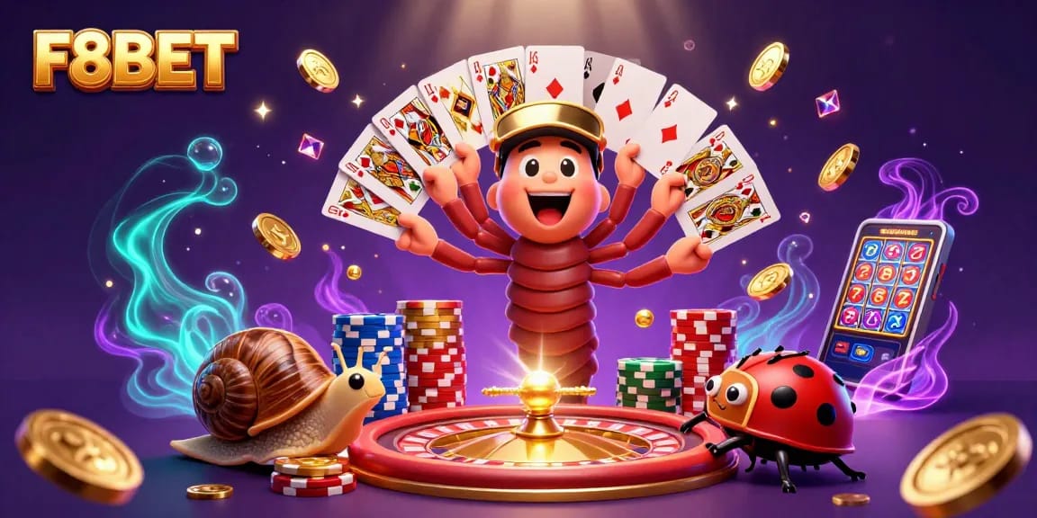 F8BET casino scene with a cartoon dealer, chip stacks, and sparkling gems in a vibrant illustration.