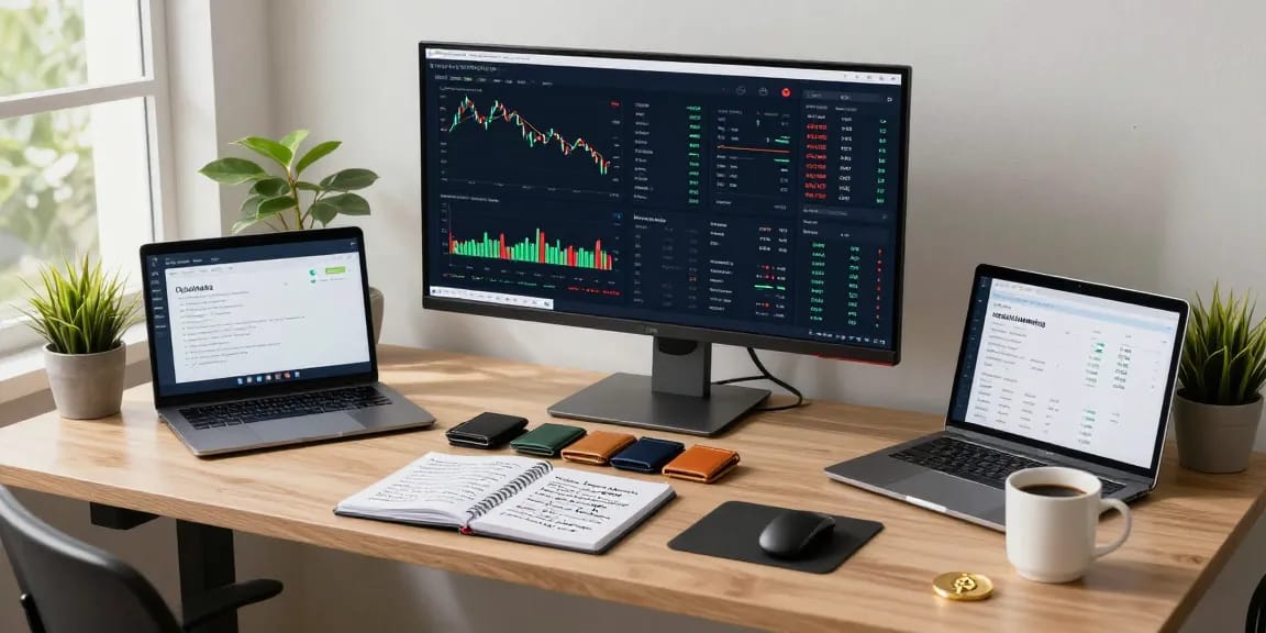 Cloud mining with daily payouts showcased in a professional cryptocurrency trading workspace with real-time analytics and security features.