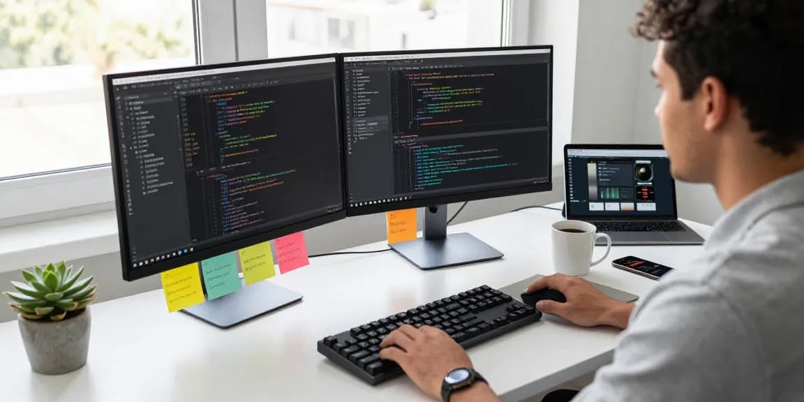 Developer using 截图软件 on dual monitors in a modern office.