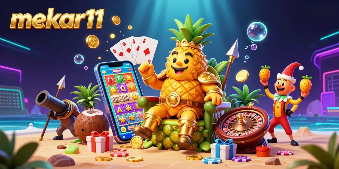 Mekar11's vibrant 3D casino scene featuring a golden pineapple king, exciting slot game elements, and tropical characters energizing the game experience.