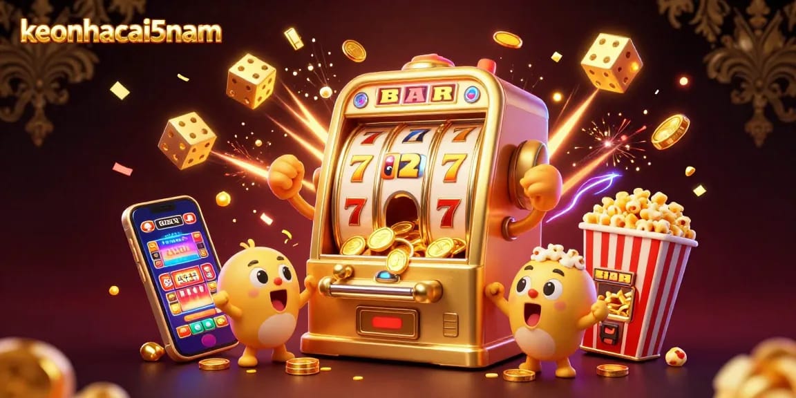 Engage in thrilling gameplay at keonhacai5nam with vibrant slot machines hitting jackpots in an energetic casino scene.