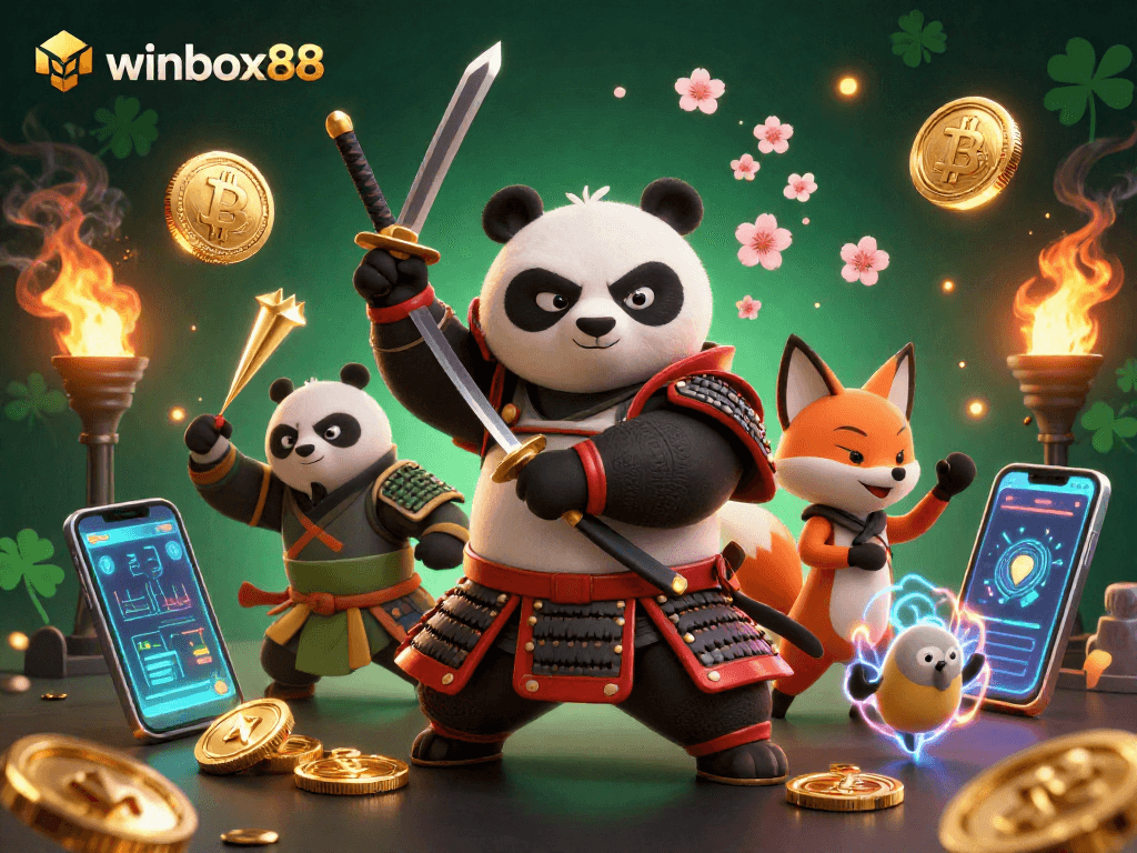 Winbox88 features a samurai panda and ninja fox in a vibrant casino scene with crypto elements.