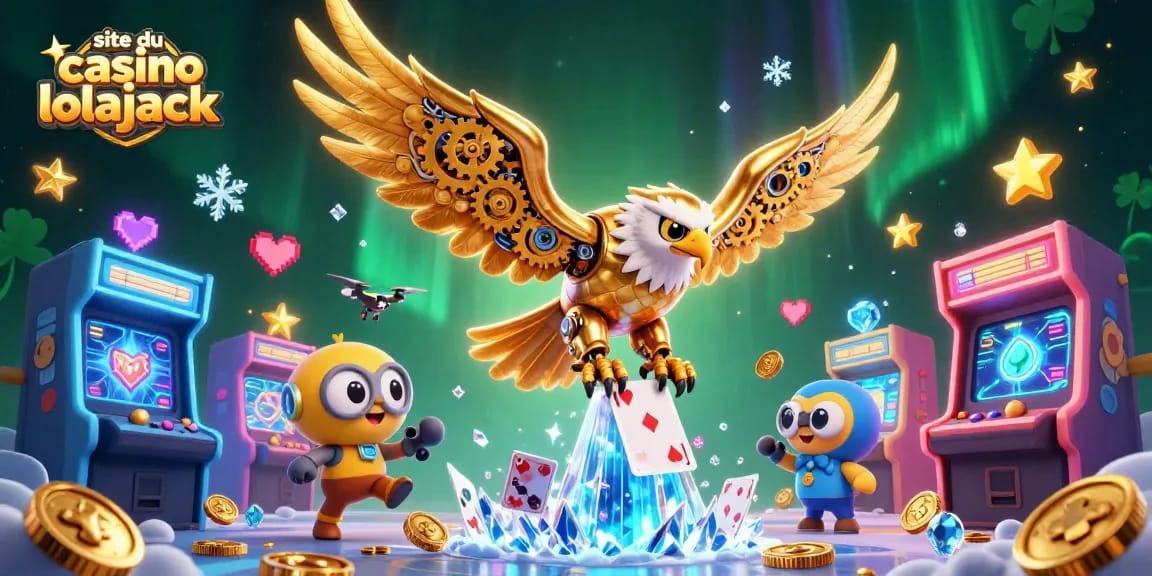 Vivez l'expérience du site du casino lolajack avec cette illustration immersive des machines à sous et des jeux.