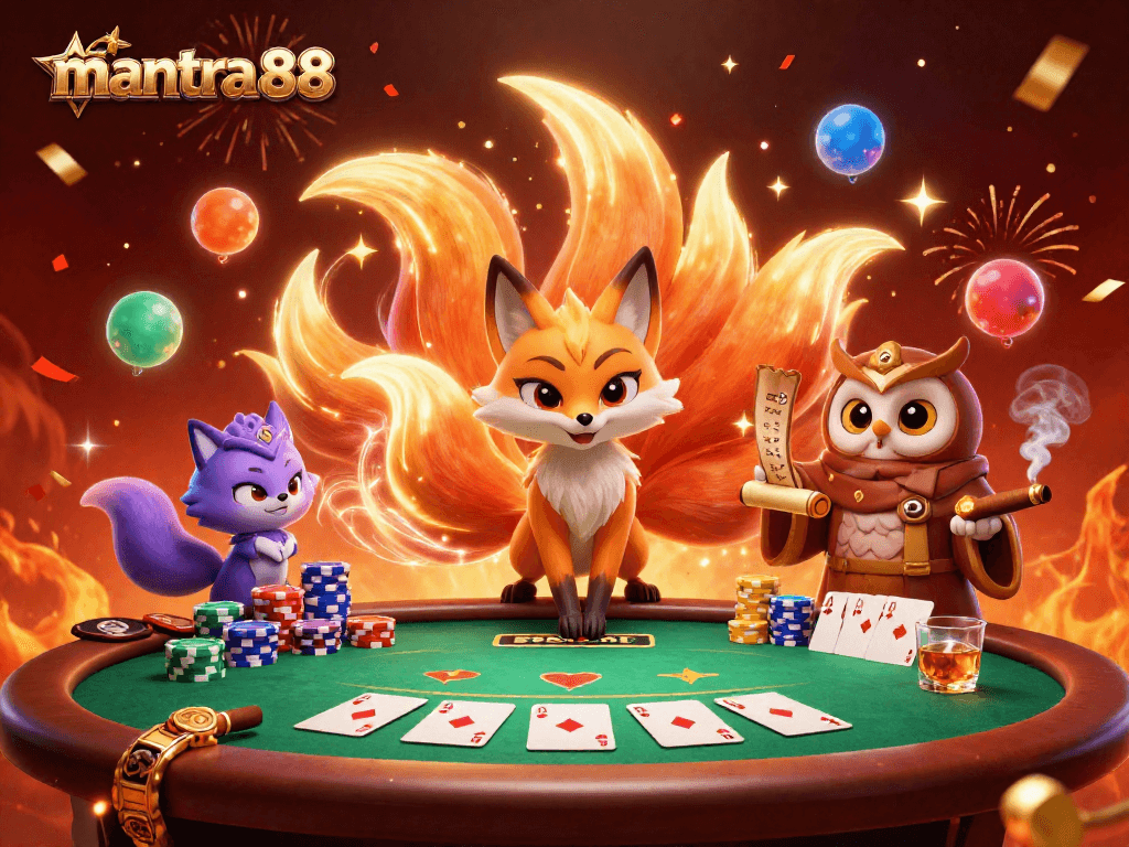 Play exciting games at mantra88, experiencing colorful casino magic with poker chips and fox spirits.