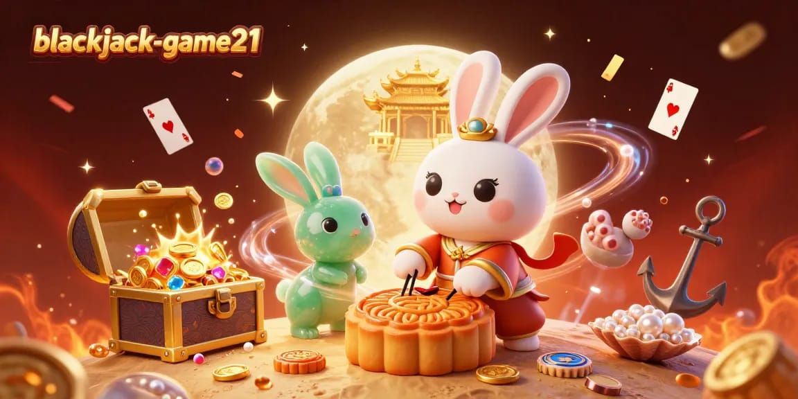 Engage in blackjack-game21 as the moon rabbit pounds mooncakes revealing poker chips amidst dazzling casino elements.