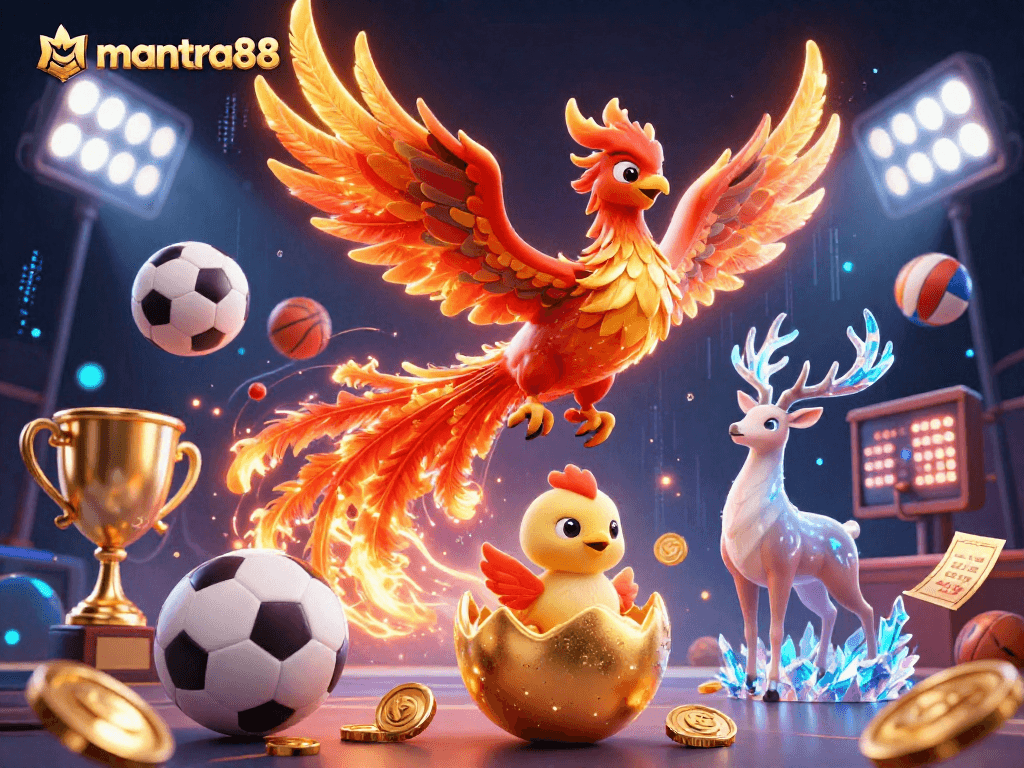 Engage with mantra88’s thrilling sports betting scene featuring animated golden elements and dynamic sports balls.