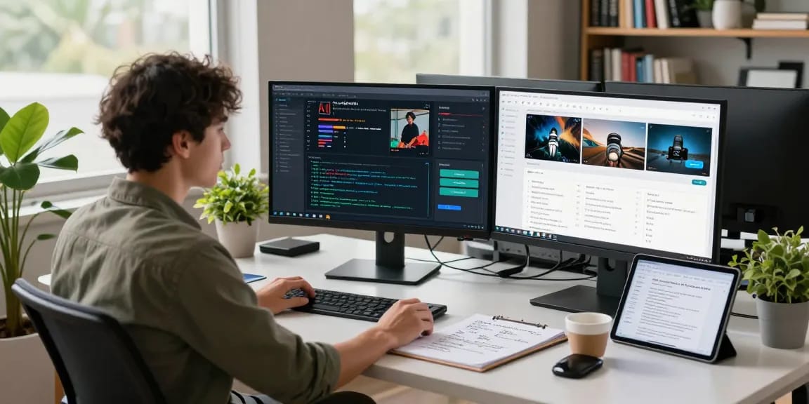 AI image detector user analyzing results on multiple monitors, utilizing a free ai detector tool in a modern office.