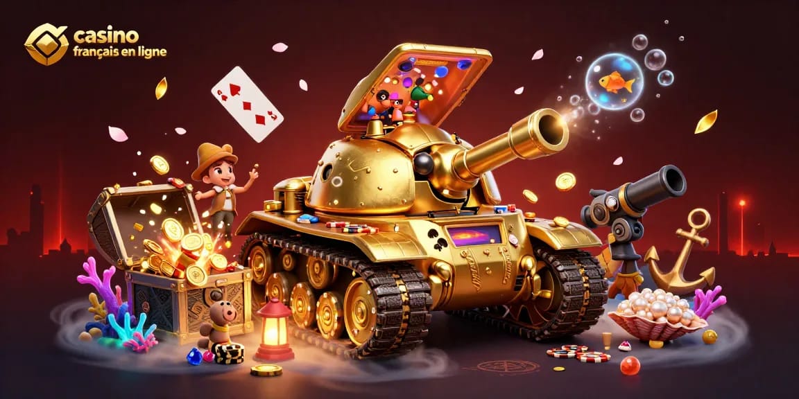 Plongez dans l'univers du casino français en ligne avec un tank en or dévoilant un mini casino rempli de jeux.