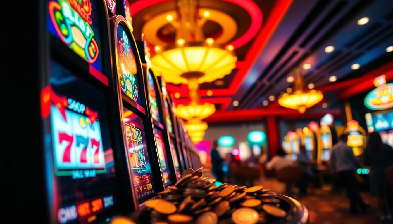 Slot Depo 5000 menampilkan mesin slot berkilauan dengan koin bertebaran dan pemain yang terlibat.