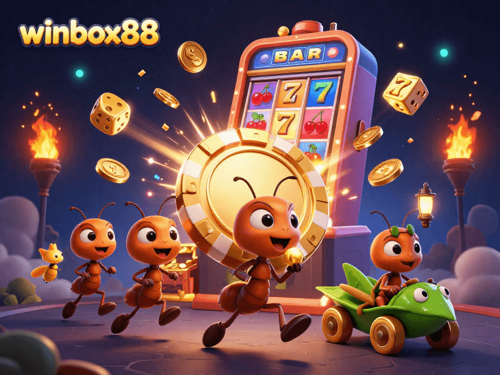 winbox88 celebrates big wins with ants heisting a giant poker chip amidst a festive casino explosion.