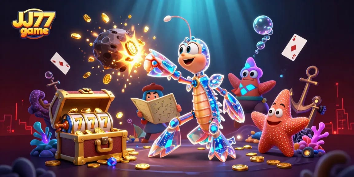 Engage with the JJ77 game through an action-packed scene filled with vibrant casino elements.