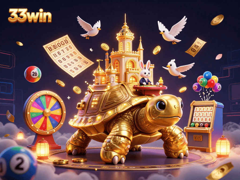 Experience thrilling wins with 33win's vibrant illustration featuring a golden tortoise casino scene.