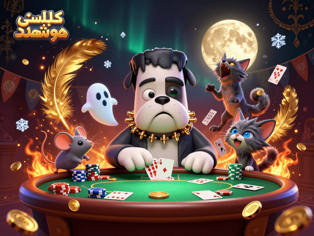 Playing cards being dealt at a spooky table by کلید لمسی هوشمند character with ghostly elements and vivid casino details.