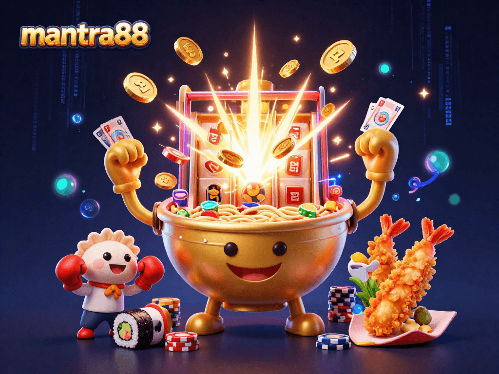 Experience thrill and winnings at mantra88 with a colorful 3D illustration featuring an explosion of slot machine coins and lively characters.