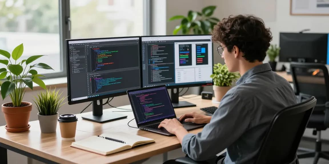 Developer coding at a vibrant tech workspace showcasing 纸飞机官网 features in a modern office environment.