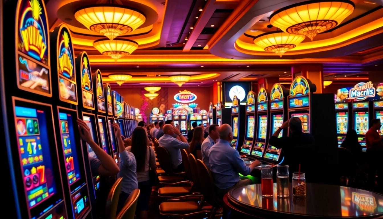 Engaging casino scene featuring pola slot terbaru with joyful players at slot machines.