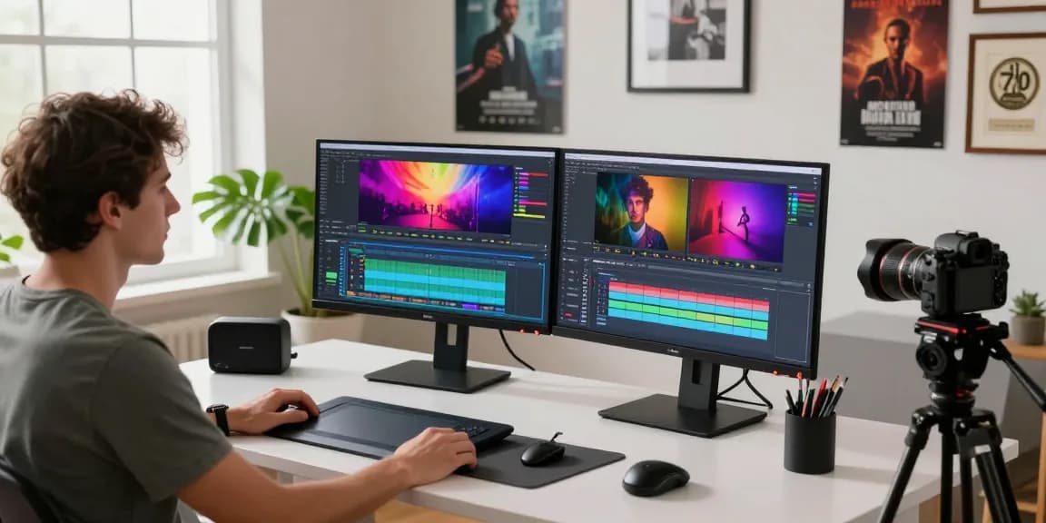 Learn color correction and cinematic grading in a vibrant video editing workspace with dual monitors and natural light.