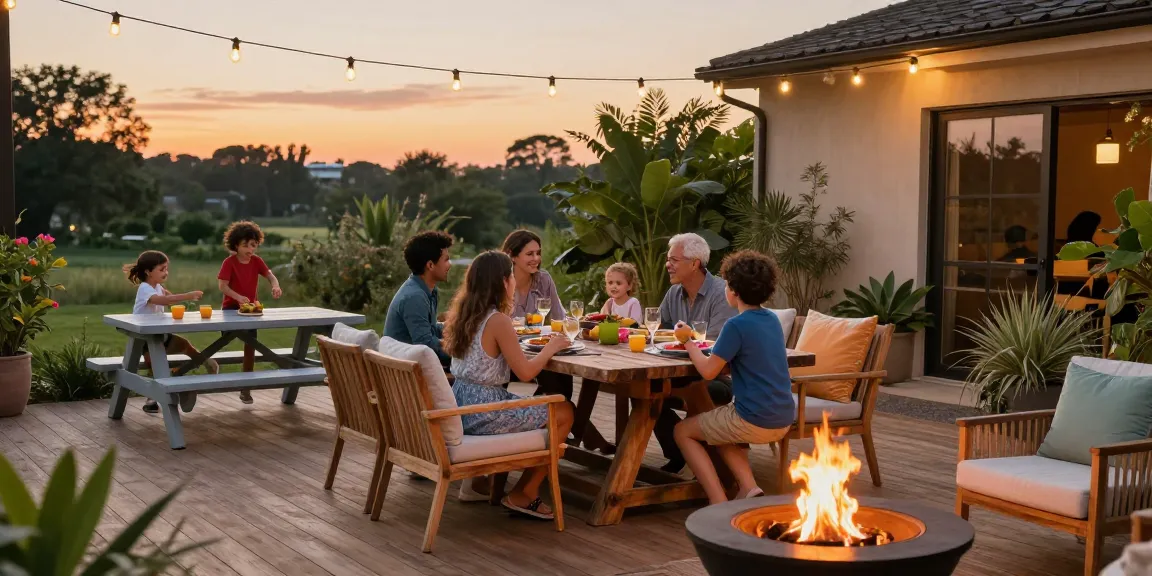Family enjoying patio dining sets outdoors, surrounded by greenery and warm sunset light.