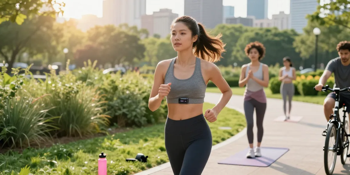 Fitbit Luxe di tangan wanita muda berlari di taman kota, menunjukkan gaya hidup sehat dengan https://www.polarfitbitshop.com/fitbit-luxe/ yang stylish.