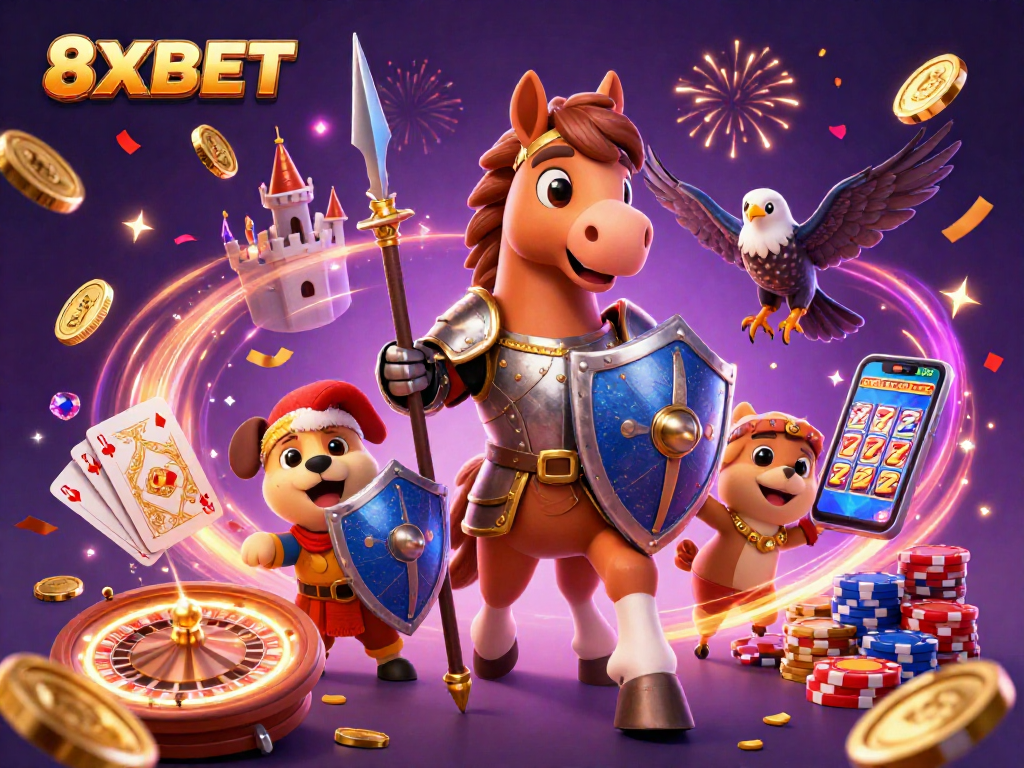 Experience the excitement of gaming with 8XBET's vibrant casino scene featuring knights and treasure.