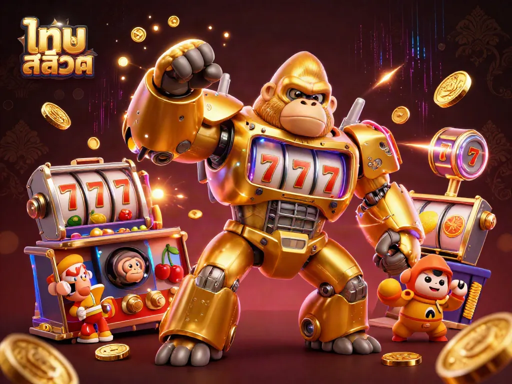 Engage in ไทย สล็อต with a dynamic 3D illustration featuring a golden gorilla mech made of slot parts.