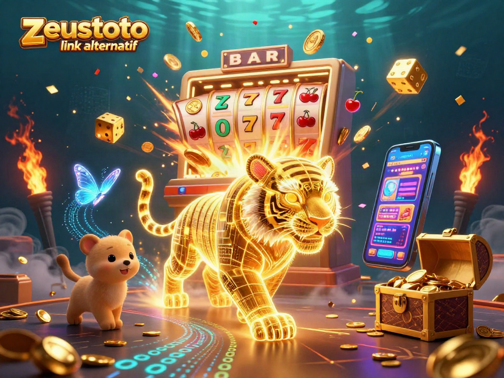 Experience excitement at zeustoto link alternatif with a vibrant digital casino scene featuring a golden tiger and slot machines.