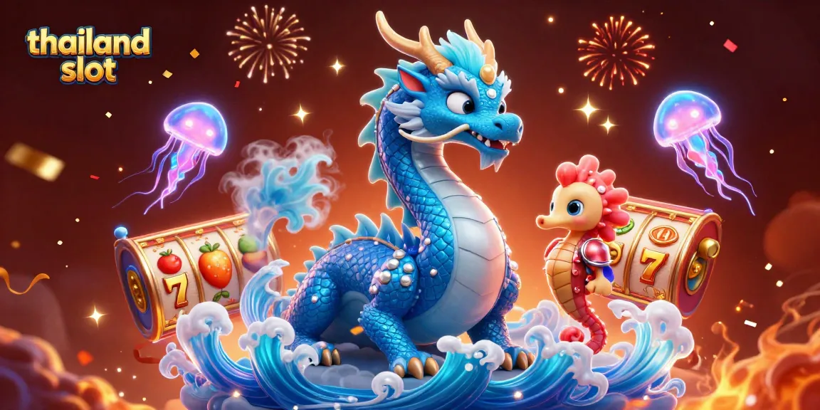 Spin the thailand slot with the azure dragon and seahorse in a vibrant casino scene