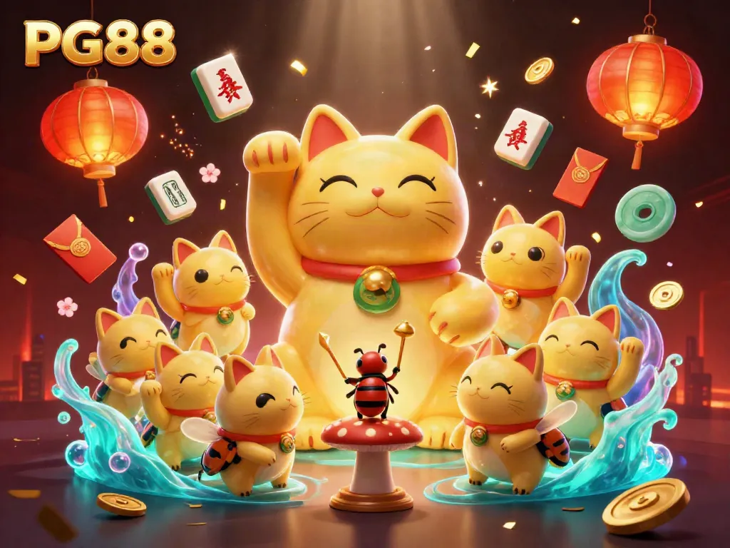 Experience PG88's vibrant online casino world with a lucky cat and animated casino symbols.