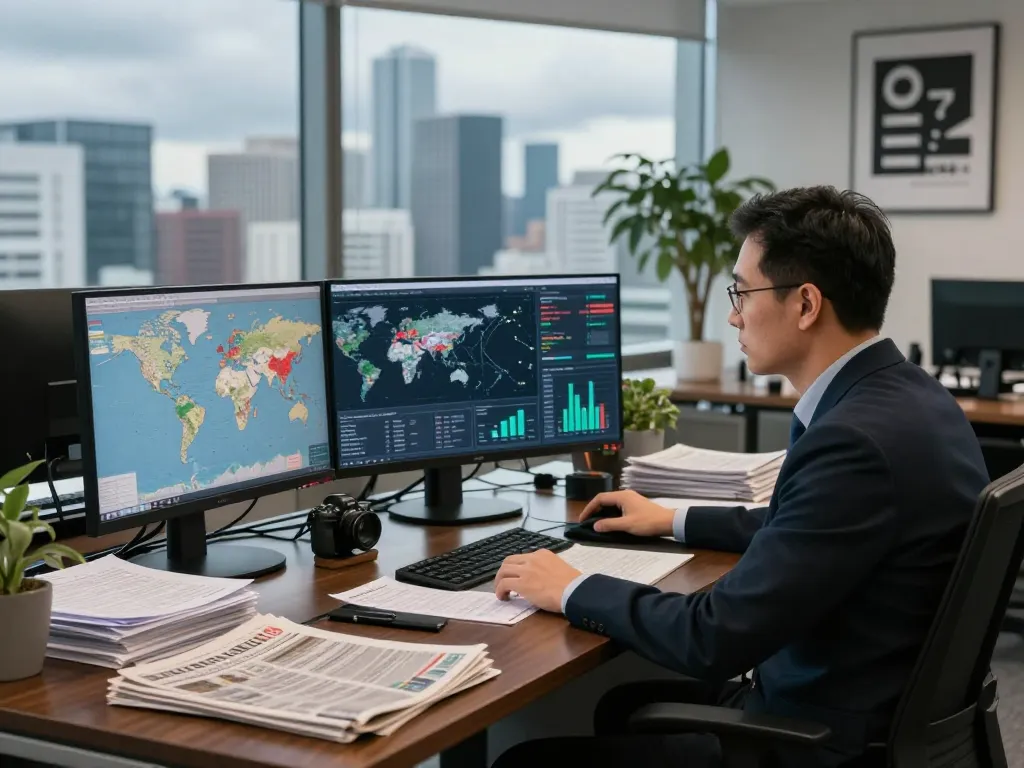 Analyst reviewing data on rising global tensions with detailed maps and graphs